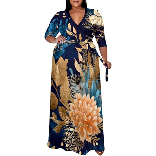 Image of SUZONANA Plus Size Maxi Dresses for Curcy Women Casual Loose 3 /4 Sleeve Long Dress with Belt
