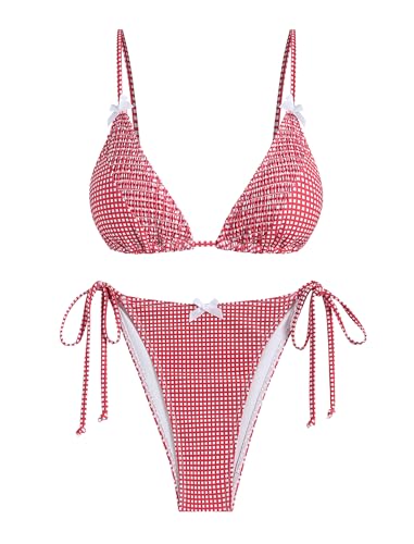 ZAFUL Women's Sexy Triangle Thong Bikini Set 2025 Plaids Print Two Piece Swimsuit Brazillian Cute String Bathing Suit4