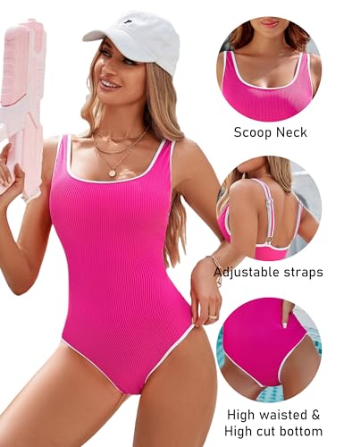 Image of BMJL Women's One Piece Swimsuit Sports Adjustable Strap Bathing Suit Color Block Ribbed High Cut Swimsuits