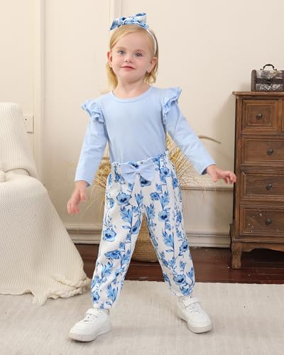SANMIO Toddler Girl Clothes Outfits Cute Ruffle Sleeve Shirt Floral Pant+Headband 3Pcs Baby Girl Clothing Set 1-6T3