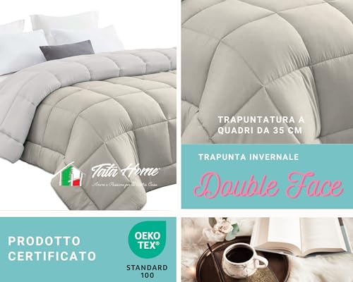 Tata Home Trapunta Invernale Tinta Unita Double Face Matrimoniale Imbottita 350 gr/mq Piumone Caldo Letto 2 Piazze 260x260 cm Bicolore Panna Tortora Mod. J