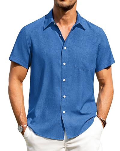 Image of Alimens & Gentle Mens Linen Shirts Short Sleeve Button Down Shirts Wrinkle Free Casual Vacation Beach Summer Tops