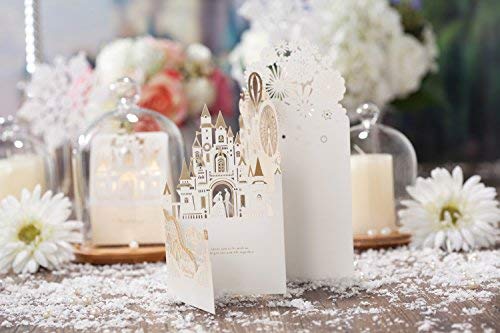 Jofanza 50 Pieces Wedding Invitations Cards 4.1"X8.5" Laser Cut 3D Fairy Gold Gilding Bride And Groom In Castle Invitation For Engagement Bridal Shower Anniversary Marriage Mr Mrs Invites #TOP3