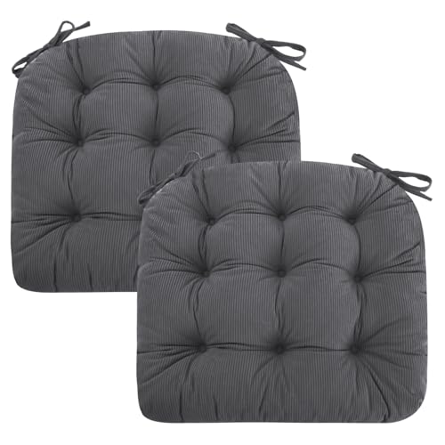 PRIMEPATIO 2er Set Stuhlkissen 45x45x7 cm Anthrazit Bequeme Sitzkissen aus Cordstoff und Kristallsamt mit Bindebändern ideal für Esszimmer Büro Wohnzimmer und Gartenstühle Hochwertige Füllung