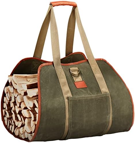 STEELEOPARD Firewood Carrier, Large Waxed Canvas Firewood Log Carrier, Fireplace Log Tote with Leather Handles Indoors, Extra Durable Fire Wood Bag for Firewood Hauling Outdoors, Camping (Olive)