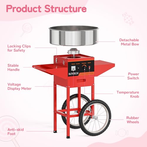image for ROVSUN 21 Inch Cotton Candy Machine Cart, Commercial Cotton Candy Make