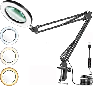 Magnifying Desk Lamps, eSynic 10x Magnifier Desk Lamp Adjustable Swivel Arm Magnifier Lamp With 3 Color Modes 64 LED 11 Gears Brightness USB Magnifier Light with Clamp for Reading Crafting etc