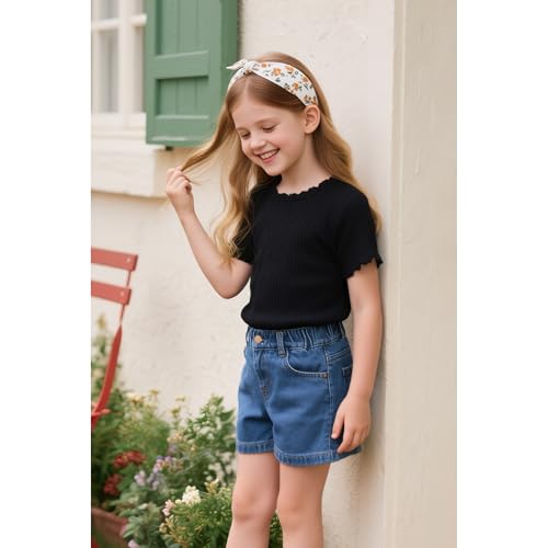 Girls Summer Lettuce Trim Ribbed Knit Short Sleeve T-Shirts Solid Color Casual Blouse Tops2