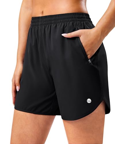 G Gradual 5' Athletic Running Shorts for Women 2 Zipper Pockets Lightweight Workout Gym Summer Dolphin Shorts with Liner, Black, Medium