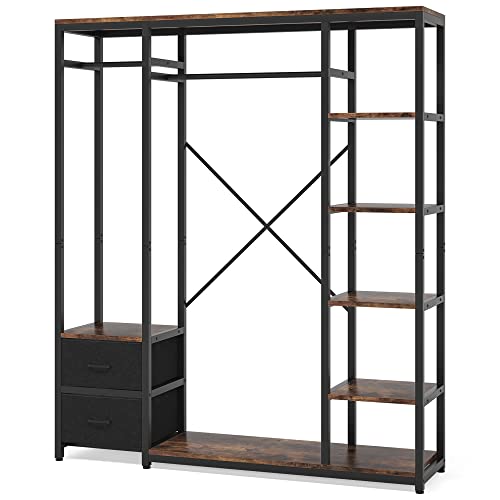 Tribesigns Freestanding Closet Organizer With 2 Drawers, 59 Inch Heavy Duty Clothes Garment Rack With Shelves And Double Hanging Rod, Metal Clothing Rack Wardrobe For Bedroom, Rustic Brown #TOP7