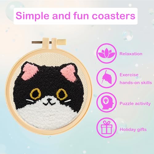 Image of 57lilina 6pcs Coaster Punch Needle Kit for Beginners & Adults, Animal Cat | Complete Step-by-Step Guide Make Punch Stitching Embroidery Art Drink Coasters, Easy DIY Hobby Craft Set for Women Starter