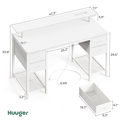 Image of Huuger 47 inch Computer Desk with 4 Drawers, Gaming Desk with LED Lights & Power Outlets, Home Office Desk with Large Storage Space for Bedroom, Work from Home, White