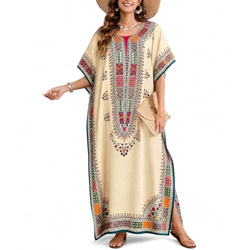 Goood Times Plus Size Boho-Chic Beige Color Caftan-Style Seaside Adventure Cover-UP Dress,Beige,One Size
