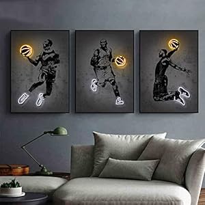 OTURRI Neon sport spelers muurkunst foto’s decor basketbal spelers poster en print Scandinavische legende canvas schilderij clubkamer woondecoratie 50 x 70 cm x 3 niet ingelijst
