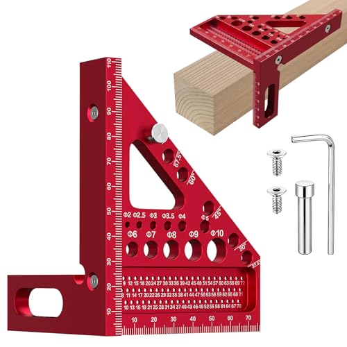 Tmefoy 3D-Gehrungswinkel, 22,5-90° Kombinationswinkel aus Aluminiumlegierung, Hochpräziser Speed Square, Schreinerwinkel mit 11 Bohrlöchern, Anreiß, Bohr & Messwerkzeug für Tischler Ingenieure(Rot)