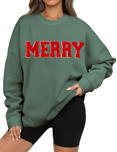 Arssm Womens Merry Christmas Sweatshirt Graphic Chenille Patch Letter Printed Crewneck Xmas Oversized Pullover Top(Green-M)