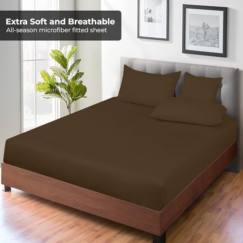Image of Royale Linens Fitted Sheet Twin - Ultra Soft 1800 Brushed Microfiber - Hotel Luxury Bottom Sheets - Wrinkle Free & Fade Resistant - Deep Pocket Fitted Sheet Only (Twin, Chocolate)
