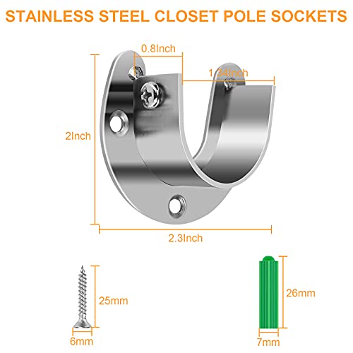 6PCS Closet Rod Brackets, 11/4 Inch Closet Rod Support, Stainless