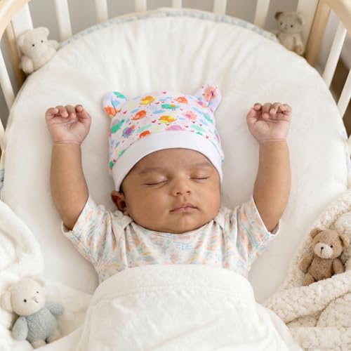 Image of a baby cherry 100% Organic Cotton Newborn Cap 0-3 Months | Soft & Breathable Baby Headwear for Baby Boy & Girl Set of 2 (Multicolour)