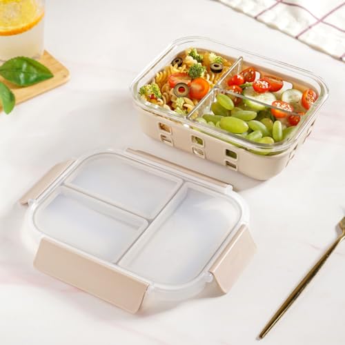 Image of Nestasia Glass Lunch Box with Silicone Sleeve (1000ml) - Borosilicate Glass Lunch Box with 3 Compartments for Office | Microwave & Freezer Safe, Leak-Proof Tiffin Box with Clip Locks (Beige)