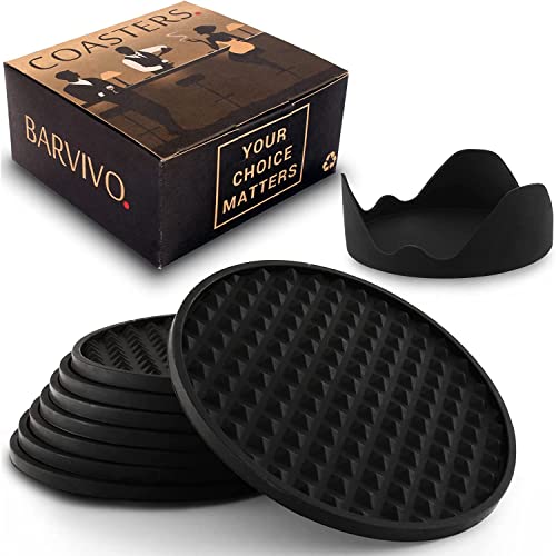 Negro Posavasos BARVIVO, Juego de 8 con Soporte – Protección para mesas de Cualquier Tipo: Madera, Granito, Vidrio, Arenisca, mármol, Piedra – Posavasos Suave Vasos de Cualquier tamaño.