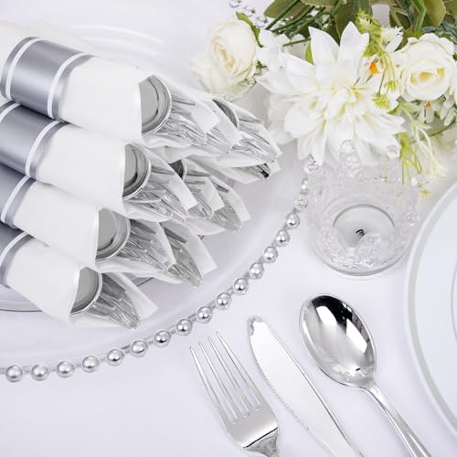 Supernal Pre Rolled Silver Plastic Silverware Set of 30 Wrapped Cutlery,Pre Rolled Napkins with Plastic Silverware Heavy Duty, Silver Disposable Forks and Spoons