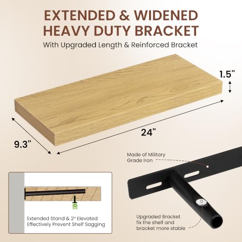 Image of Dreamland 24 Inches Floating Shelves for Wall,9.3 inch Deep Long Floating Shelves Set of 2,Large Display & Storage Shelf,Wall Shelf for Bathroom Bedroom Living Room Kitchen Office,Oak