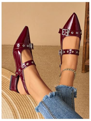 SHENHE Women's Slingback Flats Low Heels Pointed Toe Patent Leather Rivets Dress Pump Shoes2