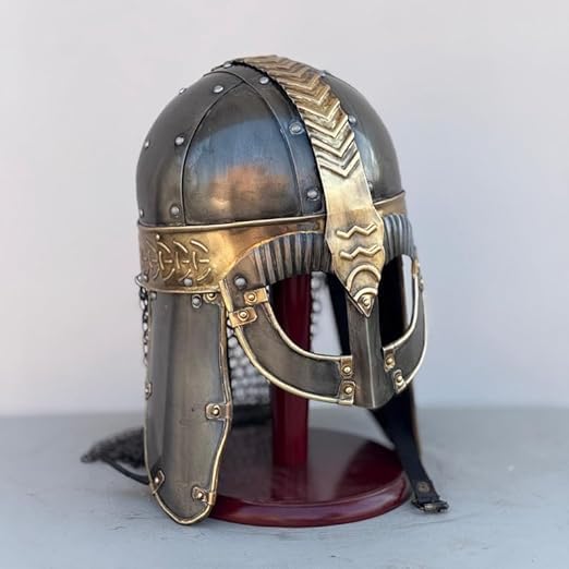 Armor Viking Helmet Medieval Helmet with Chainmail & Wooden Stand