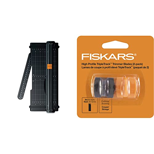 Fiskars SureCut Portable Trimmer with Recycled Cutline, 12 Inch Cut, Black,01-005454 & 01-001555J TripleTrack High Profile Replacement Blades Cut/Score Style I, 1.5x1.5x1 Inch, Black and Orange