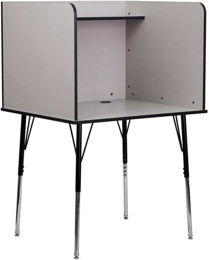 BOWERY HILL Metal Study Carrel, Height Adjustable Legs, Nebula Gray Laminate Finish, Freestanding Design with Upper Shelf, Spacious Work Surface, Wire Management, Classroom or Library Study Desk