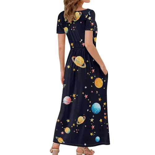 Image of Women's Fall Summer Short Sleeve Ankle Length V-Neck Party Dress with Pockets Size S-3XL