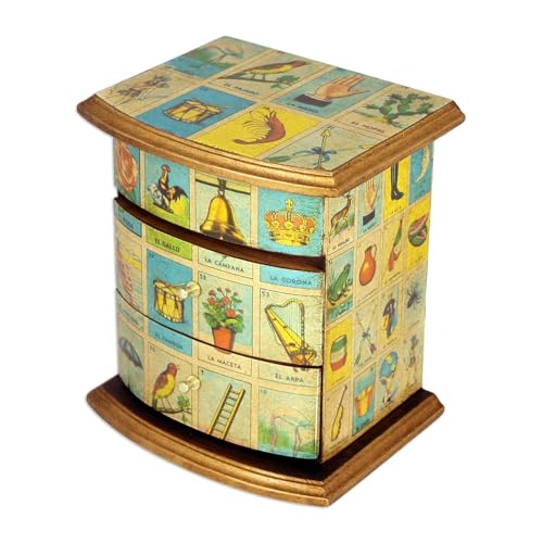 NOVICA Decorative Paper Wood Decoupage Jewelry Box, Blue, Mexican Loteria'