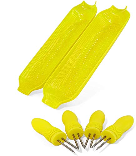 RamPro Corn Utensils Plastic Butter Tray Corn On The Cob Dinnerware Serving Set Dish Tray Server Skewers Large Plastic Stainless Steel Corn Prongs Holders Pack of 2