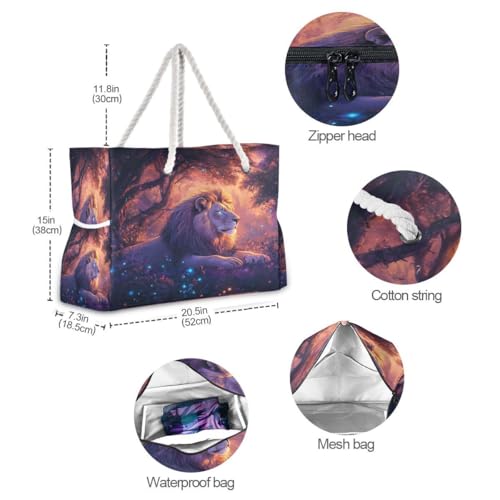 Large Beach Bags Totes Canvas Tote Shoulder Bag Luminous Lion Water Resistant Bags for Gym Travel Daily4