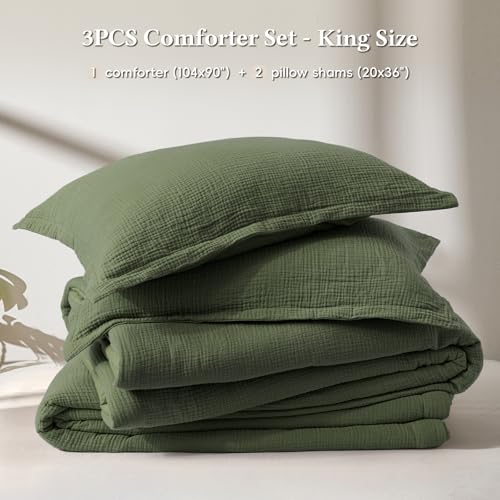 Image of David's Home Cotton Muslin Comforter Set King Size, 100% Cotton Cover Ultra-Soft Breathable Skin-Friendly for Spring Summer, 3PCS Linen Like Gauze Bedding Set with Polyester Filling, Olive Green
