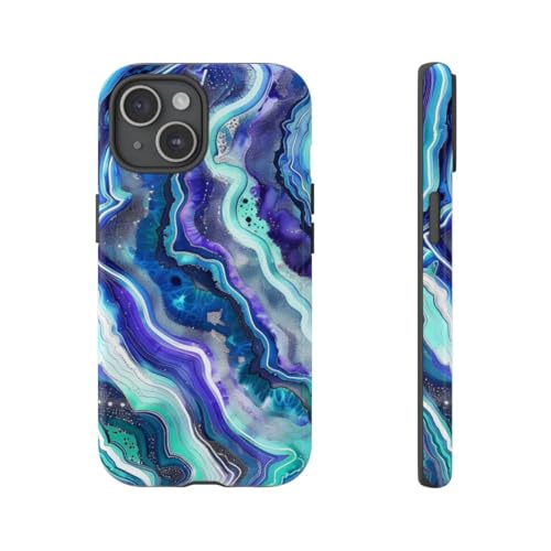 Coque iPhone 15 rigide brillante anti-rayures motif géode tourbillon bleu