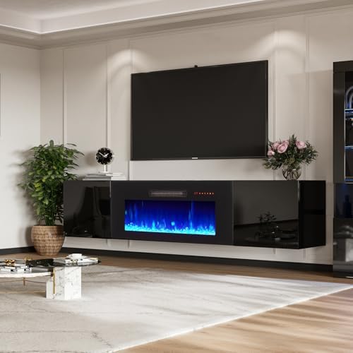 AMERLIFE 80" Floating TV Stand with 40" Electric Fireplace & LED Lights
