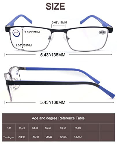 MODFANS Okulary do czytania dla mężczyzn i kobiet, blokujące niebieskie światło, metalowa oprawka, styl prostokątny, materiał ze stali nierdzewnej, zawiasy sprężynowe, brązowe, niebieskie, czerwone, 3