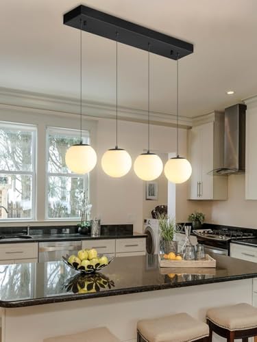 Image of Kitchen Island Lighting Globe Glass Chandeliers for Dining Room Over Table Pendant Light Fixture for Living Room Hallway Bedroom (Bulb Not Include) (White, Four Light (Rectangle))