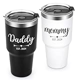 Daddy and Mommy Est 2024 30oz Insulated Tumbler, New Parents Stainless Steel Tumblers, Mom Dad Gift for Mother's Day, Father's Day, Christmas, New Pregnancy, Birthday, Baby Shower (Black White)
