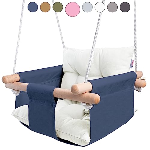 Image of CaTeam - Canvas Baby Swing, Wooden Hanging Swing Seat Chair with Safety Belt, Durable Baby Swing Chair, Outdoor and Indoor Swing for Kids, Mounting Hardware Included, Blue