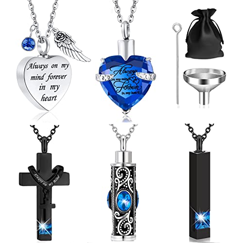 5 Pcs Urn Necklace for Ashes Keepsake Cremation Jewelry Heart Cross Cubic Stainless Steel Urn Keepsake Necklace Crystal Memorial Locket Ashes Jewelry for Women Men Loved Ones