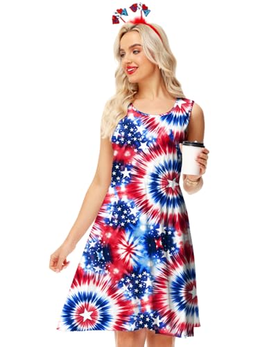 Image of Deerose 4th of July Dress for Women Sleeveless American Flag Patriotic Elastic High Waist Sundress