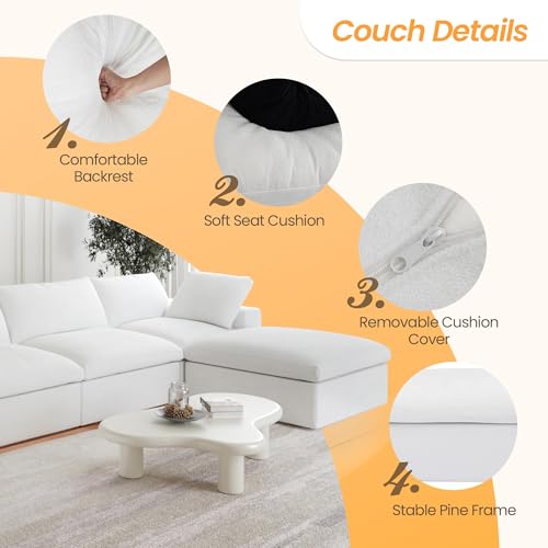 Image of JACH V Shape Cloud Couches for Living Room, Modular Convertible Sectional Sofa Couch, Couch Cushion Covers Removable, Cloud Sofas with Chaise Ottoman for Party Living Room, Bedroom, Apartment (White)