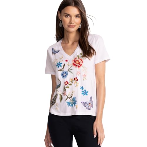 Johnny Was Nicolette V Neck Short Sleeve Tee Cotton Shirt Floral Embroidery Top White New