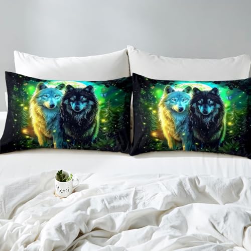 Housse de couette loup parure de lit 200x200 animaux vert noir - 8