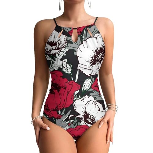 Maillots de bain une pièce contrôle ventre : le monokini galbant fleur rouge et blanche