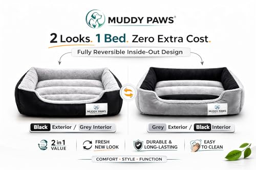 Image of MUDDY PAWS Reversible Sofa Style Dog Bed - XXXL (106 x 81 x 22 cm) - Plush Fur Surface, Removable Cushion & Anti-Skid Base - Black & Grey