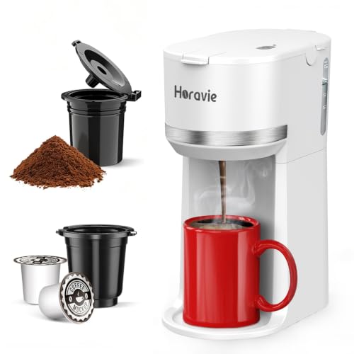 Image of Horavie Mini Single Serve Coffee Maker for K-Cup Pod & Ground Coffee, Fast Brew One Cup Coffee Machine with Descaling Reminder and Viewing Tank, 6 to 12 oz. Brew Sizes, White